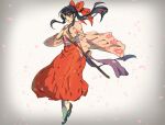  1girl bangs black_hair blush bow brown_eyes cherry_blossoms commentary_request hair_bow hakama holding holding_sheath holding_sword holding_weapon japanese_clothes katana kimono long_hair long_sleeves looking_at_viewer obi open_mouth petals pink_kimono ponytail red_bow red_hakama sakura_taisen sash sheath shinguuji_sakura sidelocks smile solo sword tanakalma weapon wide_sleeves 