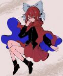  1girl black_footwear black_vest blue_bow blue_cloak boots bow cloak commentary covered_mouth dot_nose eyebrows_behind_hair full_body hair_between_eyes hair_bow hand_up highres long_sleeves looking_at_viewer medium_hair mozukuzu_(manukedori) red_cloak red_eyes red_hair red_skirt sekibanki skirt solo touhou two-sided_cloak two-sided_fabric vest 