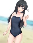  1girl alternate_costume asashio_(kancolle) bare_legs beach black_hair black_swimsuit blue_eyes blue_sky collarbone competition_school_swimsuit covered_navel cowboy_shot day flat_chest hair_between_eyes horizon kantai_collection long_hair ocean open_mouth outdoors sand sasakura_(calicchio) school_swimsuit sky solo swimsuit water 