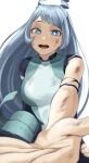  1girl absurdres antenna_hair blue_eyes blue_hair boku_no_hero_academia breasts bruise fengling_(furin-jp) hadou_nejire highres hurt injury long_hair looking_at_viewer open_mouth simple_background smile solo teeth tongue torn_clothes white_background 