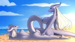  avian beach big_breasts bird breasts butt draako dragon feretta gull hair hi_res lady_nora_(twokinds) lari larid mis&#039;alia nude rear_view sand sea seaside side_view silver_dragon silver_skin sky slap_mark twokinds water webcomic white_hair yellow_eyes 