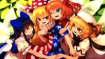  4girls ;d american_flag_dress apron ascot back_bow beret black_hair black_vest blonde_hair blue_bow blue_eyes blue_ribbon blue_skirt blue_vest blush bow clownpiece collared_shirt commentary drill_hair fairy_wings fangs frilled_shirt frilled_shirt_collar frills fuji_tarawi hair_bow hand_on_another&#039;s_arm hand_on_another&#039;s_shoulder hat headdress highres holding_hands jester_cap long_hair looking_at_another luna_child medium_hair multiple_girls neck_ribbon neck_ruff one_eye_closed open_mouth orange_eyes orange_hair parted_lips polka_dot_headwear puffy_short_sleeves puffy_sleeves red_ascot red_eyes ribbon shirt short_sleeves skirt smile star_sapphire straight_hair sunny_milk teeth touhou two_side_up upper_body vest waist_apron white_apron white_bow white_headwear white_shirt wings 