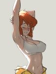  april_o&#039;neil armpits biting breasts brown_hair closed_eyes highres jumpsuit large_breasts lip_biting navel psuede simple_background smile sports_bra stretch sweat teenage_mutant_ninja_turtles toned unzipped yellow_jumpsuit 