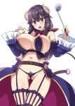  1girl :o absurdres areola_slip ass_visible_through_thighs black_hair bow bowtie breasts cosplay demon_girl demon_horns detached_sleeves female_pubic_hair harigane_shinshi highres holding holding_ladle horns huge_breasts ladle machikado_mazoku mature_female medium_hair navel open_mouth pubic_hair purple_eyes revealing_clothes simple_background solo sweatdrop thighhighs white_background yoshida_seiko yoshida_yuuko_(machikado_mazoku) yoshida_yuuko_(machikado_mazoku)_(cosplay) 