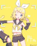  1boy 1girl :p aegissanp anniversary artist_name bangs battery_indicator belt blonde_hair blue_eyes blush_stickers bow bowtie crop_top dated detached_sleeves falling flipped_hair hair_bow hair_ornament hairclip hand_up headphones heart highres kagamine_len kagamine_rin leg_warmers long_sleeves looking_away looking_to_the_side midriff navel neck_ribbon necktie out_of_frame outstretched_arm pushing pushing_away ribbon sailor_collar shirt short_hair shorts sleeveless sleeveless_shirt thick_eyebrows tongue tongue_out v viewfinder vocaloid 