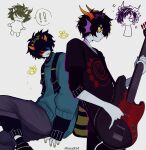  3d_glasses absurdres bag bee black_hair bug chibi chibi_inset cigarette colored_sclera colored_skin cronus_ampora double_horns fish_boy gills glasses grey_skin guitar hair_between_eyes head_fins highres homestuck horns iina934 instrument looking_at_viewer mituna_captor multiple_boys nail_polish purple_nails shirt short_hair smoke smoking sweater tongue tongue_out troll_(homestuck) twitter_username yellow_nails 