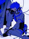  2boys animal_ears blue_hair blue_theme cable cibeibugushanx covered_mouth dog_ears dog_mask eyeliner fangs fangs_out feet_out_of_frame glowing glowing_eyes hand_up headphones high_heels highres hugging_another&#039;s_leg idia_shroud joints long_hair long_sleeves makeup male_focus mask mechanical_parts mole mole_under_eye multiple_boys ortho_shroud out_of_frame pants robot_joints short_hair simple_background sitting solo_focus spot_color standing twisted_wonderland very_long_hair wariza wavy_hair white_background yellow_eyes 