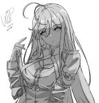 1girl 86_-eightysix- :o ahoge breasts dated greyscale hair_behind_ear head_tilt high-waist_skirt highres holding jacket jannong looking_at_viewer medium_breasts monochrome open_mouth skirt solo unfinished vladilena_millize white_background 