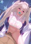  1boy 1girl adult_baby anchorage_(azur_lane) azur_lane bib blurry blurry_background breasts brown_hair censored collarbone commentary_request cowboy_shot hetero highres jacket large_breasts mosaic_censoring navel pacifier penis purple_eyes sex solo_focus spread_legs sweat takibi_(tamikyo) 