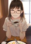  1girl bangs black-framed_eyewear blurry blurry_foreground blush bracelet brown_eyes brown_hair cup earrings food glasses hands_up highres holding holding_cup indoors jewelry long_hair necklace original parted_lips plate ring saitou_(lynx-shrike) shirt short_sleeves sitting smile solo striped striped_shirt table white_shirt window 