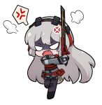  1girl anger_vein angry bangs blush body_armor bulletproof_vest charolic_(girls&#039;_frontline_2) chibi commission commissioner_upload full_body girls&#039;_frontline_2:_exilium grey_hair hair_between_eyes headphones holding holding_sword holding_weapon kurotofu load_bearing_equipment load_bearing_vest long_hair open_mouth pouch running solo sword tactical_clothes transparent_background weapon 