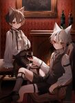  2boys ahoge alcohol animal_ear_fluff animal_ears armband armchair artist_self-insert black_hair black_ribbon blood blood_on_face bottle brooch cat cat_ears cat_tail chair coffee_table cup drinking_glass fire fireplace frilled_shirt frilled_shirt_collar frilled_sleeves frills gem green_eyes grey_hair heterochromia highres indie_virtual_youtuber jewelry legband legwear_garter lounge_chair multicolored_hair multiple_boys nail_polish necklace ookami_ciro painting_(object) puffy_sleeves red_eyes red_gemstone ribbon shirt shoes short_hair shorts sleeve_cuffs socks streaked_hair tail wallpaper_(object) wine wine_bottle wine_glass 