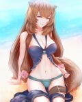  1girl animal_ears bangs beach bikini breasts cleavage flower hair_flower hair_ornament highres large_breasts looking_at_viewer mcdobo raccoon_ears raccoon_tail raphtalia red_eyes sarong sarong_removed sitting smile solo swimsuit tail tate_no_yuusha_no_nariagari water 