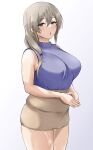  1girl absurdres after_sex blush breasts brown_skirt cum cum_on_body cumdrip grey_hair hair_over_shoulder high-waist_skirt highres large_breasts looking_at_viewer low_tied_hair mature_female medium_hair nagaya_(arx7sagara) pencil_skirt plump purple_eyes purple_sweater skindentation skirt sleeveless sleeveless_turtleneck solo standing sweat sweater turtleneck uzaki-chan_wa_asobitai! uzaki_tsuki 