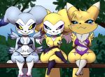  anthro bandai_namco bikini_thong breast_squish breasts cleavage clothed clothing crossed_arms crossed_legs cute_fangs dark_sclera digimon digimon_(species) facial_markings female fur furball_(artist) garurumon grey_body grey_fur grin group hands_behind_back head_markings heterochromia hybrid impmon jeina_garurimpmon_(character) looking_at_viewer markings navel pasties plant renamon renimpmon renimpmon_x short_stack small_feet smile squish swimwear tree trio yakizu_asaki yellow_body yellow_fur yin_yang 