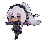  1girl bangs blush body_armor braid bulletproof_vest chibi commission commissioner_upload dark-skinned_female dark_skin expressionless full_body girls&#039;_frontline_2:_exilium grey_hair hair_between_eyes headphones kurotofu load_bearing_equipment load_bearing_vest long_hair long_sleeves musical_note nemesis_(girls&#039;_frontline_2) ponytail pouch purple_eyes running solo tactical_clothes weapon 