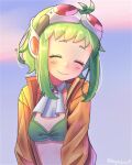  1girl ^_^ aegissanp ascot blush closed_eyes closed_mouth goggles goggles_on_head green_hair green_swimsuit gumi happy headphones highres jacket long_sleeves megpoid_(vocaloid3) open_clothes open_jacket orange_jacket red-tinted_eyewear red_goggles short_hair smile solo swimsuit tinted_eyewear upper_body vocaloid white_ascot 