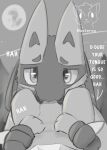  ambiguous_gender blastering dialogue digital_drawing_(artwork) digital_media_(artwork) duo eeveelution english_text female feral greyscale hi_res licking lucario monochrome nintendo pok&eacute;mon pok&eacute;mon_(species) puppy_eyes text tongue tongue_out vaporeon video_games 