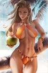  1girl ass_visible_through_thighs bikini blonde_hair blue_eyes blurry blurry_background bracelet breasts criss-cross_halter dark-skinned_female dark_skin day earrings halterneck highleg highleg_bikini jewelry large_breasts lips long_hair looking_at_viewer navel olchas orange_bikini outdoors pokemon sada_(pokemon) sling_bikini_top smile solo swimsuit 