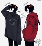  1boy absurdres animal_ears black_hair black_pants cancer chibi chibi_inset closed_mouth colored_sclera colored_skin concept_art glasses grey_skin hand_in_own_hair highres homestuck horns iina934 karkat_vantas messy_hair multiple_boys pants rabbit_ears red_sweater short_hair simple_background sweater troll_(homestuck) twitter_username white_background yellow_sclera 