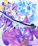  1girl bangs belt blue_flower chaka3464 closed_mouth collarbone dress flower hair_between_eyes hair_ribbon holding holding_sword holding_weapon long_hair looking_at_viewer ponytail purple_eyes purple_hair red_dress ribbon solo sword touhou traditional_media watatsuki_no_yorihime weapon 