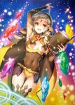  absurdres ahoge arm_up armor ass_visible_through_thighs asymmetrical_bangs bangs black_legwear blonde_hair bodystocking book breasts bridal_gauntlets cape circlet cleavage fire_emblem fire_emblem_cipher fire_emblem_fates gem gold grey_eyes highres hip_armor holding holding_book holding_weapon jewelry long_hair looking_at_viewer magic medium_breasts miwabe_sakura navel official_art open_mouth ophelia_(fire_emblem) panties pauldrons shoulder_armor solo sparkle thighhighs third-party_source turtleneck underwear upper_body weapon yellow_panties 