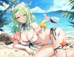  1girl alcohol antlers bangs beach bikini braid braided_bangs branch breasts ceres_fauna choker cup detached_sleeves drinking_glass feet_out_of_frame fingernails flower green_hair hair_between_eyes hair_flower hair_ornament hololive hololive_english hongsi jewelry large_breasts long_hair looking_at_viewer lying mole mole_under_eye nail_polish ocean on_side one_side_up outdoors palm_tree pendant rock seashell shell side-tie_bikini single_braid skindentation smile solo swimsuit thigh_strap tree virtual_youtuber water water_drop wet white_bikini white_flower wine wine_glass yellow_eyes 