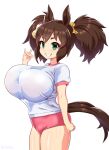  1girl animal_ears breasts brown_hair fox_shadow_puppet green_eyes horse_ears horse_girl horse_tail huge_breasts inari_one_(umamusume) isemagu oppai_loli simple_background smile solo tail twintails umamusume white_background 