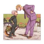  2boys black_border blonde_hair border brown_footwear brown_shirt clenched_hands collared_shirt commentary_request diamond_wa_kudakenai dragon_ball dragon_ball_z echoes_(stand) echoes_act2 formal frown green_eyes green_pants green_shirt green_sky grey_hair hands_on_hips hirose_koichi house jacket jojo_no_kimyou_na_bouken kira_yoshikage looking_at_another multiple_boys necktie okazaki_johnny outside_border pants purple_jacket purple_necktie purple_pants purple_suit road road_sign school_uniform shirt shoes sign spiked_hair stand_(jojo) standing stare_down street suit wing_collar 