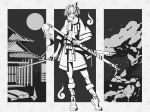  2girls architecture bangs blunt_bangs boots chinese_commentary closed_mouth commentary_request duojiaomaotou-tougarashi east_asian_architecture full_body full_moon greyscale hair_intakes hairband hakugyokurou highres hitodama holding holding_sword holding_weapon katana konpaku_youmu monochrome moon multiple_girls saigyou_ayakashi saigyouji_yuyuko scarf sheath sheathed short_hair skirt smile solo_focus sword touhou wakizashi weapon 