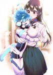  1boy 1girl ^_^ bangs black_skirt blue_hair blurry blurry_background blush bow bowtie breast_pillow breasts brown_hair button_gap closed_eyes collared_shirt covered_mouth fiery_hair hair_ornament headphones heart height_difference hetero highres hug joints large_breasts long_hair long_sleeves mask mechanical_parts miniskirt night_raven_college_uniform ortho_shroud pleated_skirt respirator robot_joints shirt short_hair skirt standing striped striped_bow striped_bowtie twisted_wonderland white_background white_shirt yellow_eyes yucke19 yuu_(twisted_wonderland) 