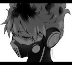  1boy covered_mouth eyelashes from_above from_side greyscale headphones letterboxed looking_away male_focus mask monochrome ortho_shroud portrait respirator short_hair simple_background solo spiked_hair twisted_wonderland twitter_username wavy_hair yucke19 