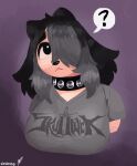  anise_(wonderslug) anthro band_shirt black_hair canid canine clothing collar female freckles gradient_background grey_highlights hair hair_over_eye hi_res highlights_(coloring) mammal one_eye_obstructed purple_background shirt simple_background solo studded_collar t-shirt topwear v-neck v-neck_shirt were werecanid werecanine werewolf wide_eyed wonderslug_(artist) 