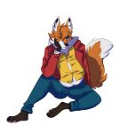  anthro arm_support atroquine barefoot belly black_nose blue_bottomwear blue_clothing blue_eyes blue_pants bottomwear bulge canid canine claws clothing feet fluffy fluffy_tail fox hand_on_cheek henry_(old_speckled_hen) hi_res jacket leaning_on_elbow male mammal old_speckled_hen one_eye_closed open_mouth pants pawpads pink_pawpads pink_tongue red_clothing red_jacket red_topwear sitting slightly_chubby_anthro slightly_chubby_male solo teeth tongue topwear unbuttoned vest yellow_clothing yellow_topwear yellow_vest 