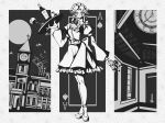  1girl ace_of_spades alcohol bangs bat between_fingers bottle bow braid chinese_commentary clock clock_tower closed_mouth commentary_request cup dress drinking_glass duojiaomaotou-tougarashi frilled_dress frills full_body full_moon greyscale hair_bow high_heels highres holding holding_tray izayoi_sakuya knife looking_at_viewer maid maid_headdress mansion monochrome moon night scarlet_devil_mansion short_hair_with_long_locks side_braid single_braid sky smile solo spade_(shape) star_(sky) starry_sky touhou tower tray wine wine_bottle wine_glass 