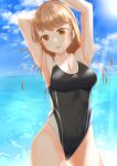  1girl arisu_(alice1019sm) arms_behind_head black_swimsuit blue_sky breasts brown_eyes brown_hair cloud competition_swimsuit day highleg highleg_swimsuit highres horizon long_hair medium_breasts one-piece_swimsuit original outdoors sky solo swimsuit 