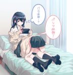  2girls 40hara bangs bed black_hair black_legwear blue_eyes fujita_ayano_(40hara) full_body green_skirt head_under_skirt indoors licking_lips long_hair long_sleeves miniskirt multiple_girls nintendo_switch no_shoes on_bed original purple_eyes school_uniform shirt shito_miu_(40hara) sitting skirt socks speech_bubble tongue tongue_out top-down_bottom-up translation_request white_shirt yuri 