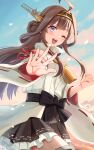  1girl ahoge blue_sky boots brown_hair cloud cloudy_sky day detached_sleeves double_bun hair_bun hairband hakama hakama_short_skirt hakama_skirt headgear highres japanese_clothes kantai_collection kongou_(kancolle) kongou_kai_ni_(kancolle) long_hair looking_at_viewer natsume_(natsume_melio) nontraditional_miko one_eye_closed open_mouth outdoors petals popped_collar purple_eyes ribbon-trimmed_sleeves ribbon_trim skirt sky smile solo thigh_boots twitter_username 