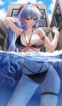  1girl :o absurdres ahoge arm_behind_head arm_up armpits bare_arms bare_shoulders bikini black_bikini blue_hair breasts cleavage contrapposto cowboy_shot day ganyu_(genshin_impact) genshin_impact goat_horns hand_up highres horns large_breasts long_hair looking_at_viewer multi-strapped_bikini nacho_(nacho_1103) navel open_mouth outdoors partially_underwater_shot purple_eyes solo standing stomach strap_pull string_bikini swimsuit thigh_strap thighs water wet 