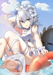  1girl :o absurdres ahoge arknights arm_behind_head bird blue_background blue_flower cloud crocodilian_tail flower foot_out_of_frame grey_hair hair_between_eyes highres innertube knees_up looking_at_viewer official_alternate_costume outdoors parted_lips pointy_ears pota_douzhi seagull short_hair simple_background sitting solo swimsuit tail tail_strap tomimi_(arknights) tomimi_(silent_night)_(arknights) waist_cutout water white_flower white_swimsuit yellow_eyes 