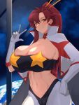  1girl bandeau breasts cape cleavage gloves hair_ornament highres huge_breasts lancer24 long_hair midriff navel pants pasties ponytail red_hair revealing_clothes skin_tight solo space_yoko star_(symbol) star_pasties strapless tengen_toppa_gurren_lagann tube_top yoko_littner 