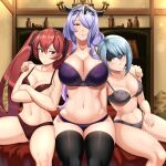  3girls absurdres arms_around_neck beruka_(fire_emblem) black_headband blue_hair bra breasts brown_eyes camilla_(fire_emblem) castell cleavage fire_emblem fire_emblem_fates hair_between_eyes hair_ornament hair_over_one_eye headband highres large_breasts lingerie long_hair looking_at_viewer medium_breasts multiple_girls navel purple_eyes purple_hair red_eyes red_hair severa_(fire_emblem) short_hair sitting thighhighs twintails underwear 
