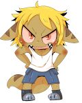  absurd_res angry anthro blonde_hair blush bottomwear brown_body clothing doneru fangs female footwear hair hands_on_hips hi_res scalie shirt shoes shorts simple_background solo tank_top tany_(doneru) topwear young 