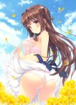  1girl ass bangs blush brown_eyes brown_hair closed_eyes clothes_lift cowboy_shot day flower hair_intakes highres hokenshitsu_no_sensei_to_koakuma_na_kaichou lifted_by_self long_hair looking_at_viewer non-web_source official_art outdoors panties petals photoshop_(medium) santa_matsuri skirt skirt_lift smile solo standing thighhighs tsukimori_rin underwear white_legwear white_panties 