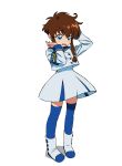  1girl angelic_layer blue_legwear blue_sailor_collar boots brown_eyes brown_hair dress full_body negative_space sailor_collar school_uniform serafuku short_hair_with_long_locks simple_background solo standing suzuhara_misaki thighhighs white_background white_dress white_footwear yoko.u 