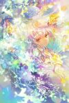  1girl 888myrrh888 arms_up bangs blurry blurry_foreground colorful commentary_request commission flower hair_between_eyes hand_on_own_head head_tilt highres long_hair looking_at_viewer original red_eyes skeb_commission smile solo white_flower white_hair 