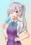  1girl ahoge anti_(untea9) aqua_bow aqua_bowtie asashimo_(kancolle) bow bowtie collared_shirt dress fang food grey_eyes grey_hair hair_over_one_eye highres holding holding_food jewelry kantai_collection long_hair open_mouth popsicle purple_dress ring shirt short_sleeves skin_fang solo upper_body wedding_band white_shirt 