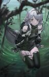 1girl arknights black_gloves black_legwear black_shirt black_sleeves blurry branch crocodilian_tail depth_of_field detached_sleeves flower gloves goggles goggles_around_neck grey_hair highres lapel_flower looking_at_viewer medium_hair partially_fingerless_gloves pointy_ears shirt sitting sleeveless sleeveless_shirt soaking_feet solo tail thighhighs tomimi_(arknights) torn_clothes torn_legwear water white_flower yellow_eyes zheshe_jing 