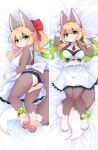  2021 4_toes 5_fingers accessory ahoge alternate_version_at_source ankle_band anthro apron barefoot bed big_breasts black_nose blonde_hair blush bow_(feature) breasts brown_body brown_fur butt canid canine canis claws clothed clothing dakimakura_design devil-vox dipstick_tail dress embarrassed feet female finger_claws fingers fluffy fur furniture gloves_(marking) green_eyes green_hair hair hair_accessory hair_bow hair_ribbon happy kemono knock-kneed leg_markings long_hair looking_at_viewer looking_away looking_back lying mammal markings multicolored_body multicolored_fur multicolored_hair multicolored_tail multiple_images on_back on_bed on_side panties pawpads paws ribbons side_boob smile smiling_at_viewer socks_(marking) soles solo tail_markings toe_claws toes topless two_tone_body two_tone_fur two_tone_hair two_tone_tail underwear white_body white_fur wolf wristband 