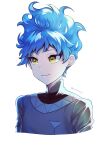  1boy bangs blue_hair closed_mouth cropped_torso highres joints looking_away male_focus mechanical_parts ortho_shroud robot_joints short_hair simple_background smile solo spiked_hair twisted_wonderland twitter_username wavy_hair white_background yellow_eyes yucke19 